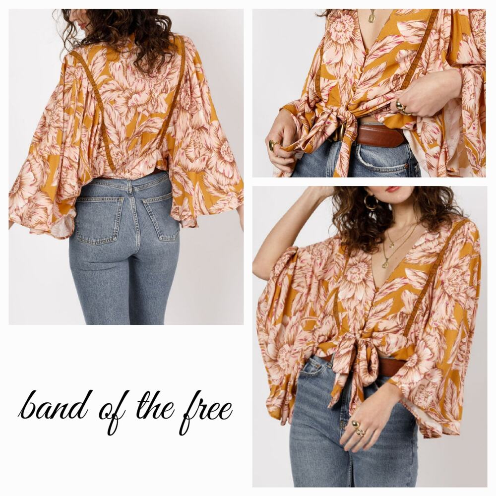 NWT Band of the Free Libby Floral Bell Sleeve Crop Top Sz L [12] Gold Blush Pink